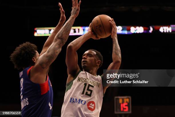 Elijah Hughes of the Wisconsin Herd shoots over defender during the game against the Long Island Nets on February 7, 2024 in Uniondale, NY. NOTE TO...