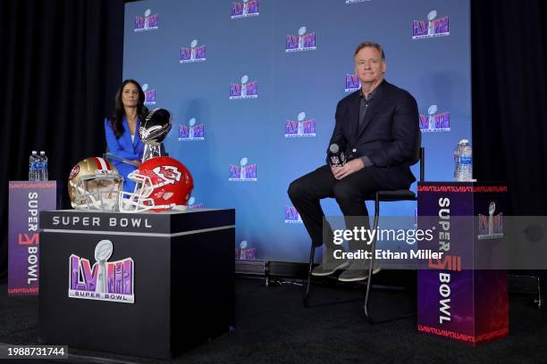 Reporter Tracy Wolfson interviews NFL Commissioner Roger Goodell during a press conference ahead of Super Bowl LVIII at Allegiant Stadium on February...
