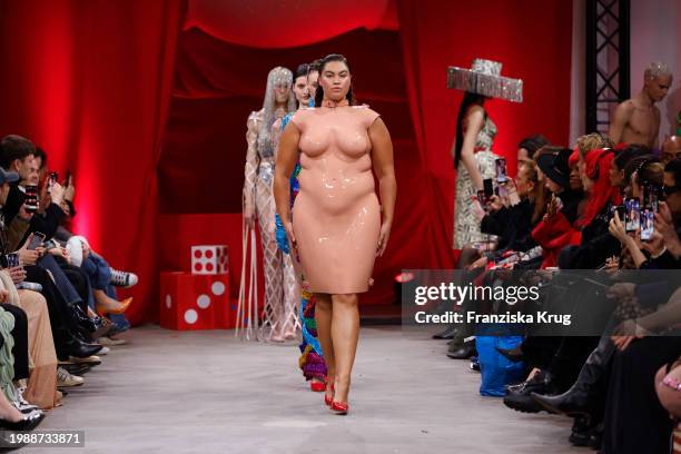 Model walks the runway at the Marina Hoermanseder Fashion show as part of Berlin Fashion Week AW24 at Zenner Berlin on February 8, 2024 in Berlin,...