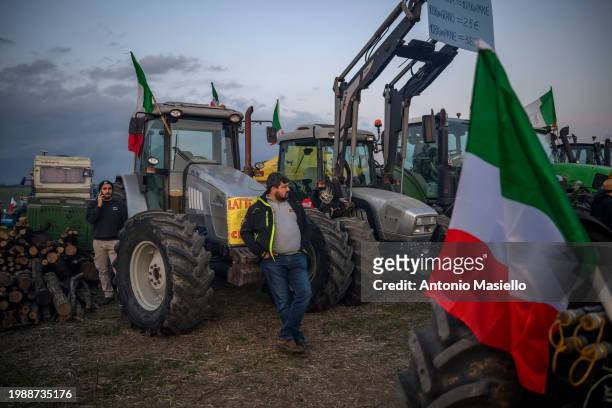 Farmers with their tractors gather near Rome's Grande Raccordo Anulare, in Nomentana street on the outskirts of Rome, to protest against EU...
