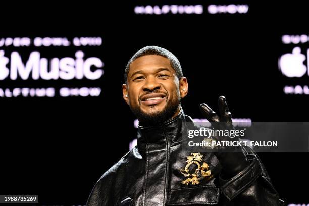 Singer and songwriter Usher arrives to speak during a press conference ahead of Super Bowl LVIII in Las Vegas, Nevada, on February 8, 2024. Usher is...