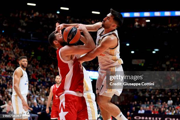 Nikola Mirotic of EA7 Emporio Armani Milan competes for the ball with Facundo Campazzo of Real Madrid during the Turkish Airlines EuroLeague Regular...