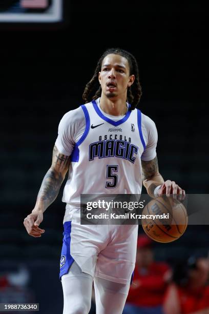 Wilson of the Osceola Magic brings the ball up court during the game against the Windy City Bulls on February 8, 2024 at NOW Arena in Hoffman...