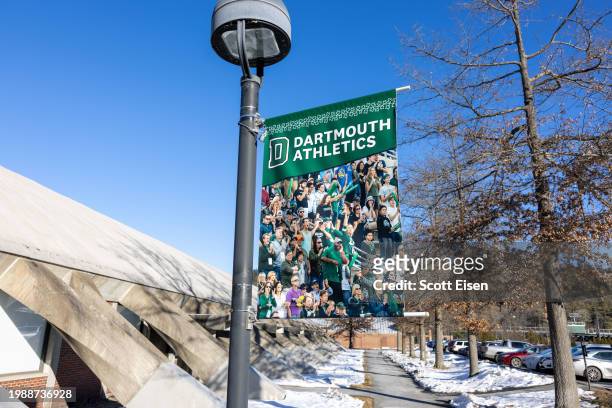 Signage for Dartmouth Athletics is seen outside of Thompson Arena on the Dartmouth College campus on February 8, 2024 in Hanover, New Hampshire. A...