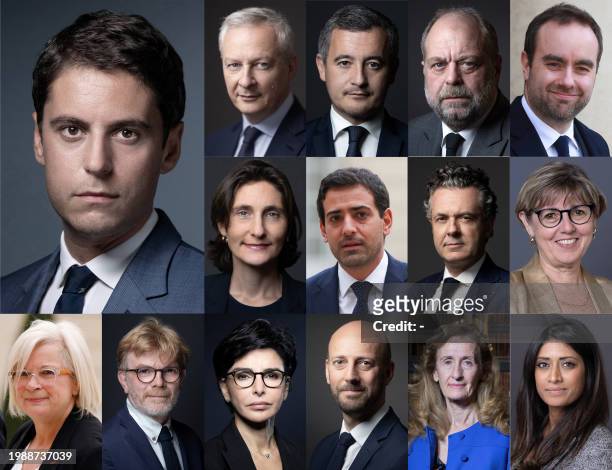 This combination of files photographs created on February 8 shows members of the cabinet of Prime minister Gabriel Attal following its announcement...