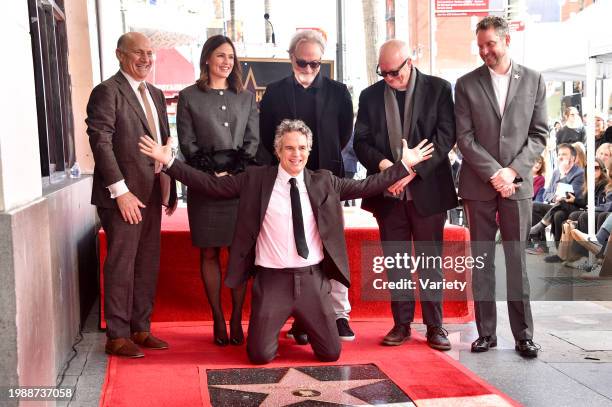 Steve Nissen, Jennifer Garner, David Fincher, Mark Ruffalo, Timothy McNeil and Matt Fritz at the star ceremony where Mark Ruffalo is honored with a...