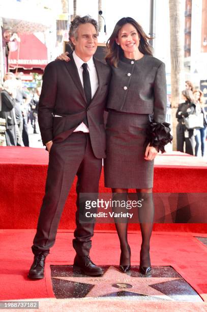 Mark Ruffalo and Jennifer Garner at the star ceremony where Mark Ruffalo is honored with a star on the Hollywood Walk of Fame on February 8, 2024 in...