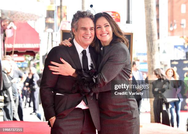 Mark Ruffalo and Jennifer Garner at the star ceremony where Mark Ruffalo is honored with a star on the Hollywood Walk of Fame on February 8, 2024 in...