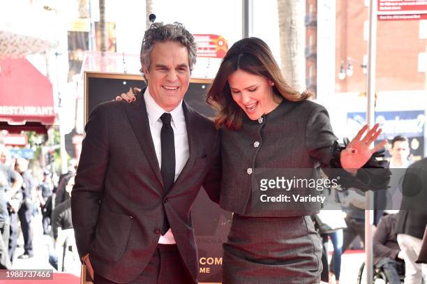 Mark Ruffalo and Jennifer Garner at the star ceremony where Mark Ruffalo is honored with a star on the Hollywood Walk of Fame on February 8, 2024 in...