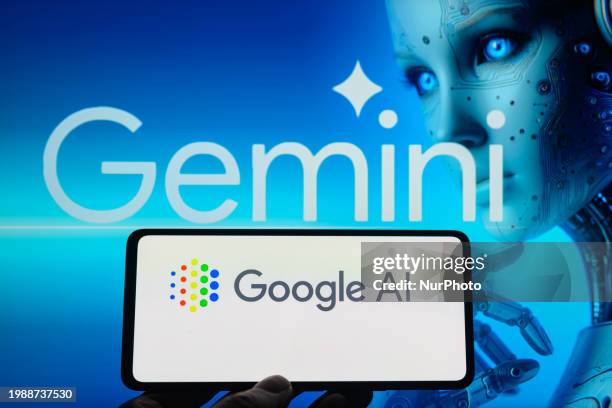 The Google AI logo is being displayed on a smartphone with Gemini in the background in this photo illustration, taken in Brussels, Belgium, on...