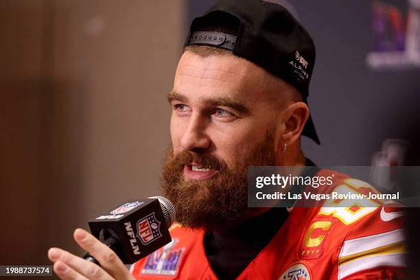 Kansas City Chiefs tight end Travis Kelce talks with the news media at Westin Lake Las Vegas in Henderson on Tuesday, Feb. 6, 2024. The Chiefs will...