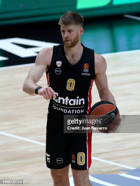 Thomas Walkup, #0 of Olympiacos Piraeus in action during the Turkish Airlines EuroLeague Regular Season Round 26 match between Valencia Basket and...