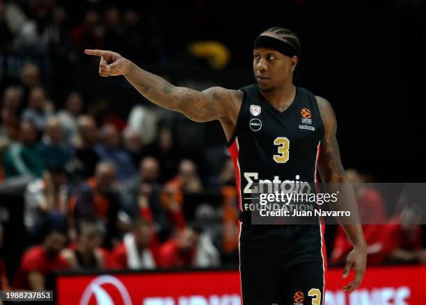 Isaiah Canaan, #3 of Olympiacos Piraeus in action during the Turkish Airlines EuroLeague Regular Season Round 26 match between Valencia Basket and...
