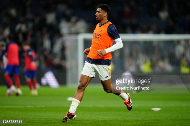 Jude Bellingham central midfield of Real Madrid and England during the warm-up before the LaLiga EA Sports match between Real Madrid CF and Atletico...