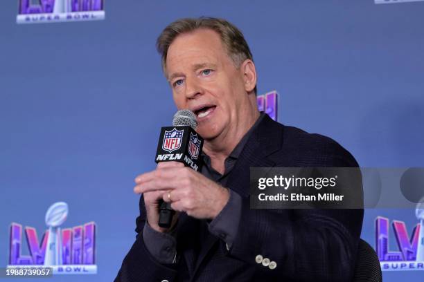 Commissioner Roger Goodell speaks to the media during a press conference ahead of Super Bowl LVIII at Allegiant Stadium on February 05, 2024 in Las...