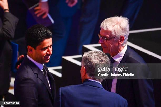 Nasser AL-KHELAIFI president of PSG and member of ECA and Arsene WENGER during the UEFA Congress at Maison De La Mutualite on February 8, 2024 in...