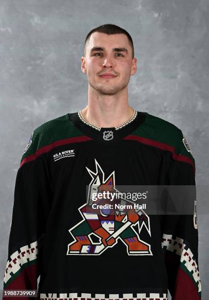 Adam Ruzicka of the Arizona Coyotes poses for his official NHL headshot prior to a game against the Vegas Golden Knights at Mullett Arena on February...