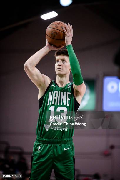 Drew Peterson of the Maine Celtics shoots a free throw during the game against the Motor City Cruise on February 8, 2024 at Portland Expo Center in...