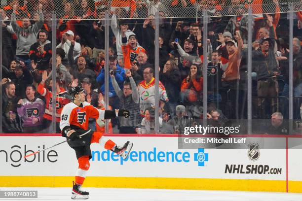 Morgan Frost of the Philadelphia Flyers celebrates after scoring a goal against the Winnipeg Jets in the first period at the Wells Fargo Center on...