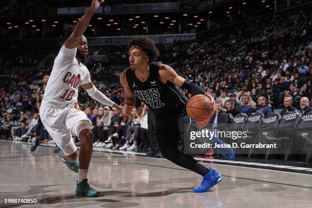 Jalen Wilson of the Brooklyn Nets dribbles the ball during the game against the Cleveland Cavaliers on February 8, 2024 at Barclays Center in...