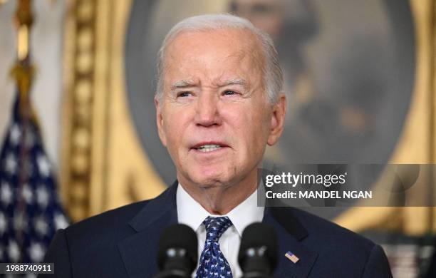 President Joe Biden speaks about the Special Counsel report in the Diplomatic Reception Room of the White House in Washington, DC, on February 8,...