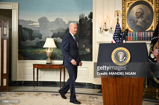 President Joe Biden arrives to speak about the Special Counsel report in the Diplomatic Reception Room of the White House in Washington, DC, on...