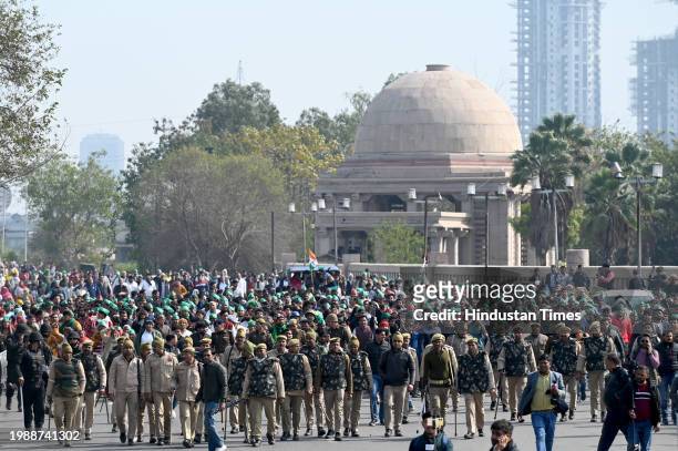 Heavy police deployment to stop Farmers from Noida and Greater Noida, en route to Delhi for their protest at the Mahamaya flyover on February 8, 2024...