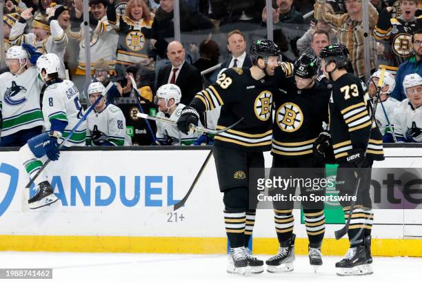 Boston celebrates a shorty from Boston Bruins forward Danton Heinen during a game between the Boston Bruins and the Vancouver Canucks on February 8...