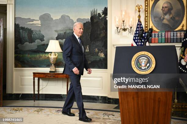 President Joe Biden arrives to speak about the Special Counsel report in the Diplomatic Reception Room of the White House in Washington, DC, on...