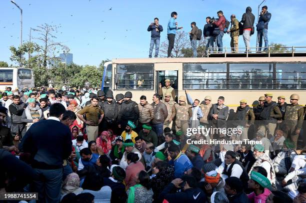 Farmers from Noida and Greater Noida head towards Delhi for protest at Parliament House on February 8, 2024 in Noida, India. Farmers protesting on...