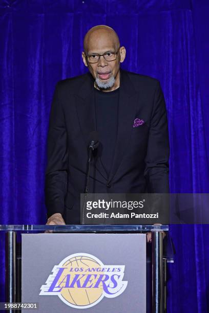 Kareem Abdul-Jabbar speaks during an unveiling ceremony for the Kobe Bryant Statue on February 8, 2024 at Crypto.Com Arena in Los Angeles,...