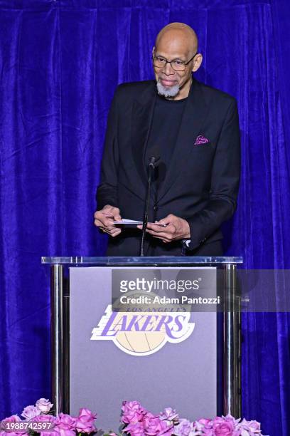 Kareem Abdul-Jabbar speaks during a unveiling ceremony for the Kobe Bryant Statue on February 8, 2024 at Crypto.Com Arena in Los Angeles, California....
