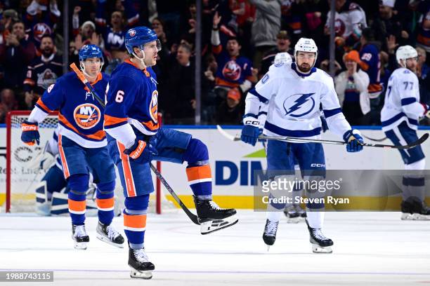 Ryan Pulock of the New York Islanders celebrates after scoring a goal against the Tampa Bay Lightning during the second period at UBS Arena on...