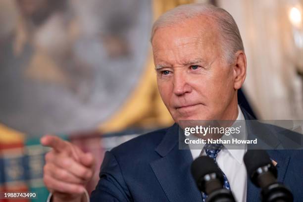 President Joe Biden delivers remarks in the Diplomatic Reception Room of the White House on February 8, 2024 in Washington, DC. Biden addressed the...