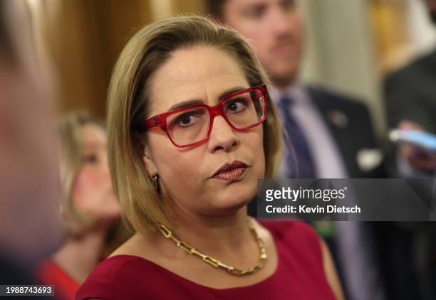 Sen. Kyrsten Sinema speaks to reporters at the U.S. Capitol on February 05, 2024 in Washington, DC. The Senate is working on bringing a bipartisan...