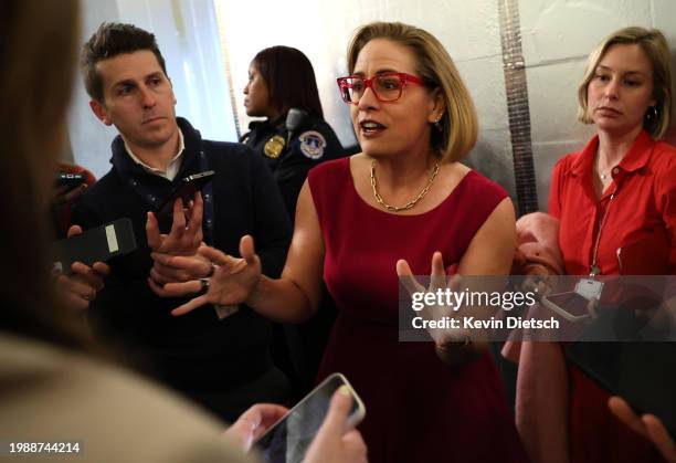 Sen. Kyrsten Sinema speaks to reporters at the U.S. Capitol on February 05, 2024 in Washington, DC. The Senate is working on bringing a bipartisan...