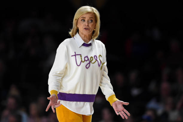 Head coach Kim Mulkey of the LSU Lady Tigers talks to a referee against the Vanderbilt Commodores in the second half at Vanderbilt University...