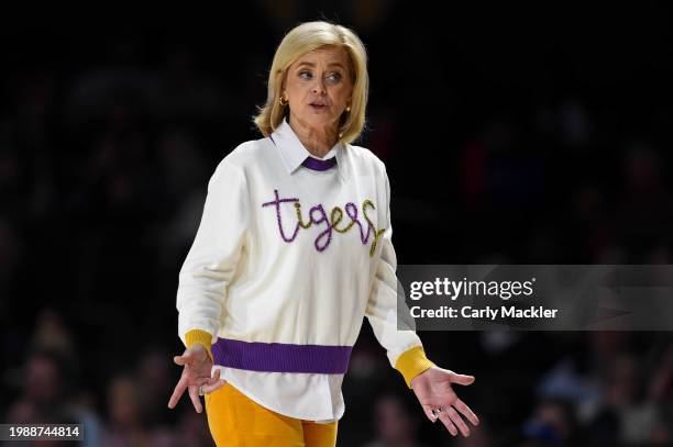 Head coach Kim Mulkey of the LSU Lady Tigers talks to a referee against the Vanderbilt Commodores in the second half at Vanderbilt University...