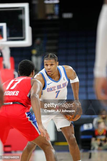 Jahmi'us Ramsey of the Oklahoma City Blue handles the ball during the game against the Ontario Clippers on February 8, 2024 at Toyota Arena in...