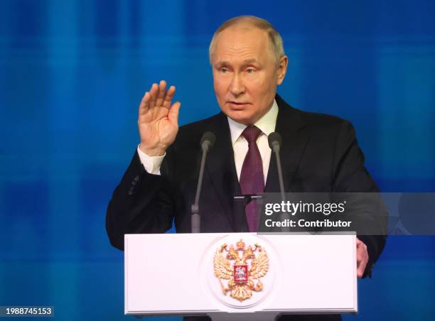 Russian President Vladimir Putin gestures during his meeting with scientists at the State Kremlin Palace, on February 8 in Moscow, Russia. Russia's...