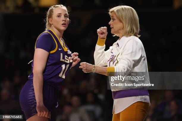 Lady Tigers head coach Kim Mulkey and LSU Lady Tigers guard Hailey Van Lith talk during a game between the Vanderbilt Commodores and LSU Lady Tigers,...