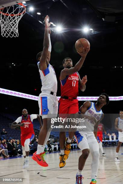 Armoni Brooks of the Ontario Clippers attacks the basket during the game against the Oklahoma City Blue on February 8, 2024 at Toyota Arena in...