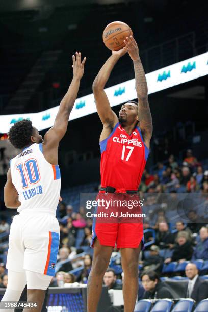 Armoni Brooks of the Ontario Clippers shoots the ball during the game against the Oklahoma City Blue on February 8, 2024 at Toyota Arena in Ontario,...