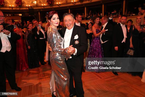 Priscilla Presley and Richard "Mörtel" Lugner dance during the Vienna Opera Ball 2024 at Vienna State Opera on February 8, 2024 in Vienna, Austria.