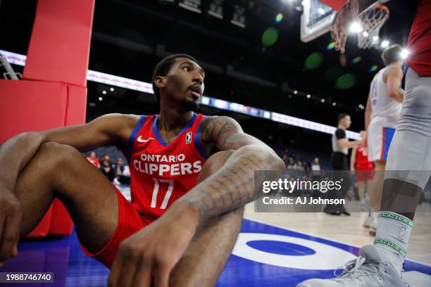 Armoni Brooks of the Ontario Clippers looks on during the game against the Oklahoma City Blue on February 8, 2024 at Toyota Arena in Ontario,...