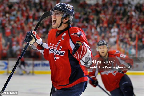 Washington's Alex Ovechkin Celerates his 3rd goal of the game in the 3rd period to tie thescore at 4 each during the Washington Capital defeat of the...