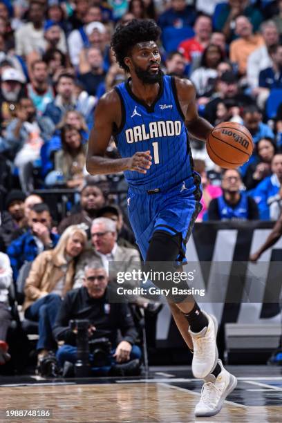 Jonathan Isaac of the Orlando Magic brings the ball up court during the game against the San Antonio Spurs on February 8, 2024 at the Kia Center in...