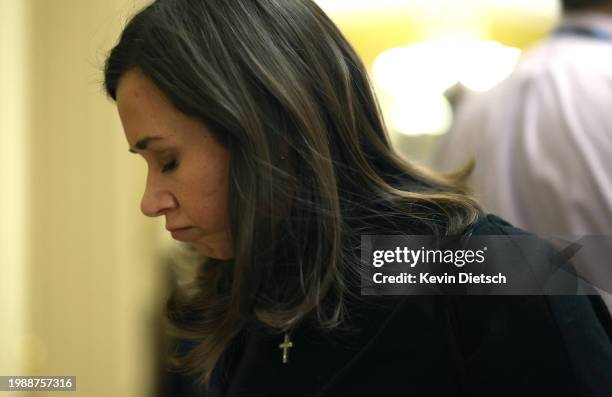 Sen. Katie Britt walks to a meeting at the U.S. Capitol on February 05, 2024 in Washington, DC. The Senate is working on bringing a bipartisan border...