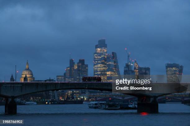 Skyscrapers on the skyline of the square mile financial district of the City of London, UK, on Thursday, Feb. 8, 2024. The MSCI World Real Estate...