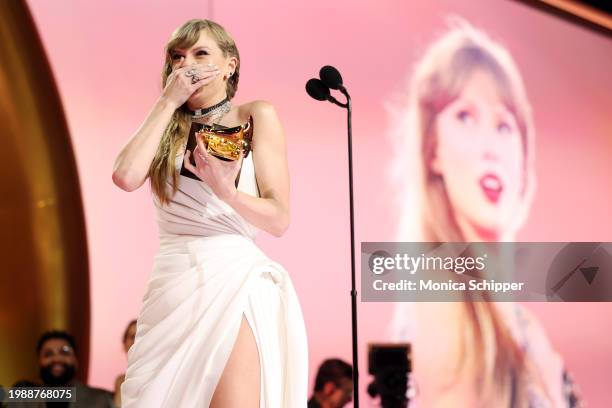 Taylor Swift accepts the Album Of The Year award for “Midnights” onstage during the 66th GRAMMY Awards at Crypto.com Arena on February 04, 2024 in...